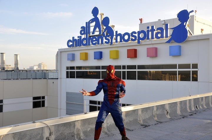 Hospitalized children welcome superhero window washers at children's hospitals around the country. They recently visited Mattel Children's Hospital.
